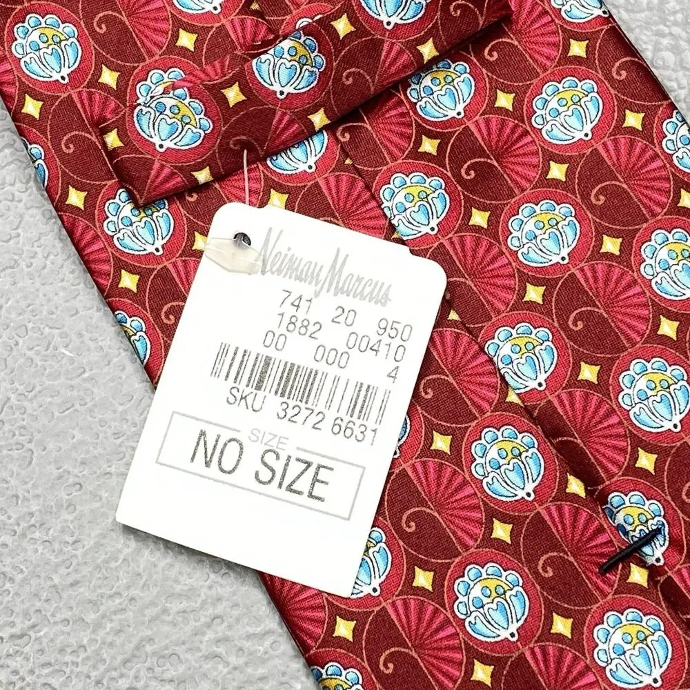 Faberge Silk Tie Vintage Neiman Marcus Floral Fan USA XL X-Long Red Blue NWT